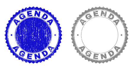 AGENDA stamp seals with distress texture in blue and gray colors isolated on white background. Vector rubber watermark of AGENDA label inside round rosette. Stamp seals with retro textures.のイラスト素材