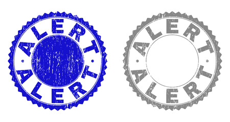 ALERT stamp seals with distress texture in blue and grey colors isolated on white background. Vector rubber overlay of ALERT label inside round rosette. Stamp seals with unclean styles.のイラスト素材
