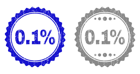 0.1% stamp seals with grunge texture in blue and gray colors isolated on white background. Vector rubber imprint of 0.1% tag inside round rosette. Stamp seals with dust textures.のイラスト素材