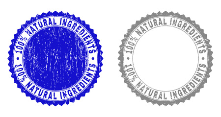 100% NATURAL INGREDIENTS stamp seals with grunge texture in blue and gray colors isolated on white background. Vector rubber imitation of 100% NATURAL INGREDIENTS tag inside round rosette.のイラスト素材