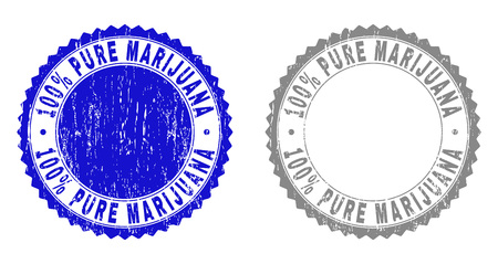 100% PURE MARIJUANA stamp seals with grunge texture in blue and gray colors isolated on white background. Vector rubber watermark of 100% PURE MARIJUANA label inside round rosette.のイラスト素材