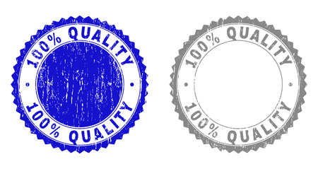 100% QUALITY stamp seals with grunge texture in blue and grey colors isolated on white background. Vector rubber imitation of 100% QUALITY label inside round rosette. Stamp seals with dust textures.のイラスト素材