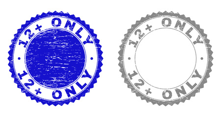12+ ONLY stamp seals with grunge texture in blue and gray colors isolated on white background. Vector rubber imitation of 12+ ONLY caption inside round rosette. Stamp seals with dirty textures.のイラスト素材