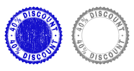 40% DISCOUNT stamp seals with grunge texture in blue and grey colors isolated on white background. Vector rubber watermark of 40% DISCOUNT title inside round rosette. Stamp seals with grunge styles.のイラスト素材