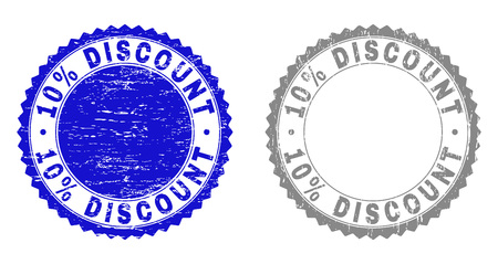 10% DISCOUNT stamp seals with distress texture in blue and gray colors isolated on white background. Vector rubber overlay of 10% DISCOUNT caption inside round rosette. Stamp seals with dust textures.のイラスト素材