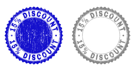 15% DISCOUNT stamp seals with distress texture in blue and gray colors isolated on white background. Vector rubber imprint of 15% DISCOUNT title inside round rosette.のイラスト素材