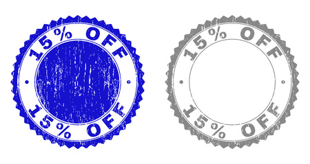15% OFF stamp seals with grunge texture in blue and grey colors isolated on white background. Vector rubber imprint of 15% OFF tag inside round rosette. Stamp seals with grunge styles.のイラスト素材
