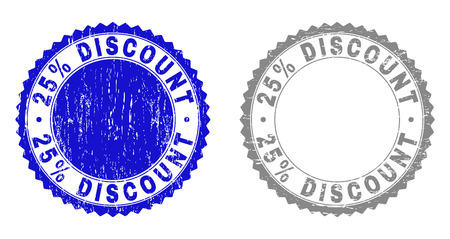 25% DISCOUNT stamp seals with grunge texture in blue and grey colors isolated on white background. Vector rubber imprint of 25% DISCOUNT label inside round rosette. Stamp seals with grunge textures.のイラスト素材