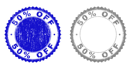 50% OFF stamp seals with grunge texture in blue and gray colors isolated on white background. Vector rubber overlay of 50% OFF label inside round rosette. Stamp seals with scratched textures.のイラスト素材