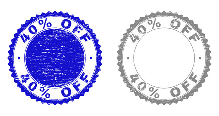 40% OFF stamp seals with grunge texture in blue and gray colors isolated on white background. Vector rubber watermark of 40% OFF title inside round rosette. Stamp seals with grunge textures.のイラスト素材