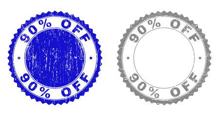 90% OFF stamp seals with grunge texture in blue and grey colors isolated on white background. Vector rubber imprint of 90% OFF caption inside round rosette. Stamp seals with dirty styles.のイラスト素材