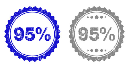 95% stamp seals with distress texture in blue and gray colors isolated on white background. Vector rubber watermark of 95% text inside round rosette. Stamp seals with unclean textures.のイラスト素材