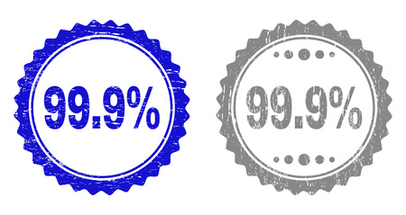 99.9% stamp seals with distress texture in blue and grey colors isolated on white background. Vector rubber imitation of 99.9% caption inside round rosette. Stamp seals with grunge textures.のイラスト素材