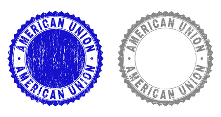 Grunge AMERICAN UNION stamp seals isolated on a white background. Rosette seals with grunge texture in blue and grey colors. Vector rubber watermark of AMERICAN UNION caption inside round rosette.のイラスト素材