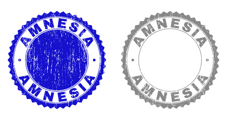 Grunge AMNESIA stamp seals isolated on a white background. Rosette seals with distress texture in blue and grey colors. Vector rubber watermark of AMNESIA title inside round rosette.のイラスト素材