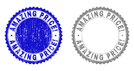 Grunge AMAZING PRICE! stamp seals isolated on a white background. Rosette seals with grunge texture in blue and gray colors. Vector rubber imprint of AMAZING PRICE! label inside round rosette.のイラスト素材