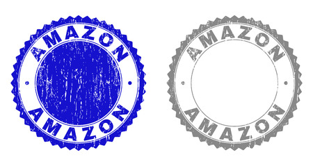 Grunge AMAZON stamp seals isolated on a white background. Rosette seals with grunge texture in blue and gray colors. Vector rubber imprint of AMAZON label inside round rosette.のイラスト素材