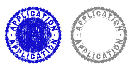 Grunge APPLICATION stamp seals isolated on a white background. Rosette seals with grunge texture in blue and gray colors. Vector rubber overlay of APPLICATION title inside round rosette.のイラスト素材