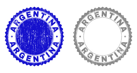 Grunge ARGENTINA stamp seals isolated on a white background. Rosette seals with grunge texture in blue and grey colors. Vector rubber imprint of ARGENTINA tag inside round rosette.のイラスト素材