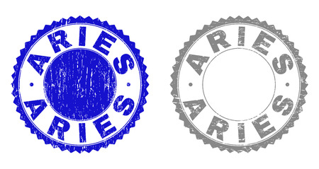 Grunge ARIES stamp seals isolated on a white background. Rosette seals with grunge texture in blue and grey colors. Vector rubber imprint of ARIES text inside round rosette.のイラスト素材
