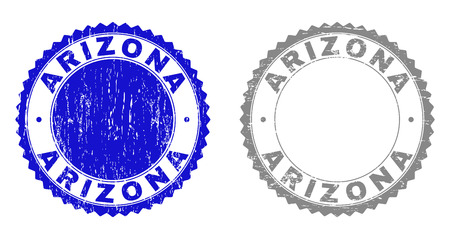 Grunge ARIZONA stamp seals isolated on a white background. Rosette seals with grunge texture in blue and grey colors. Vector rubber watermark of ARIZONA caption inside round rosette.のイラスト素材