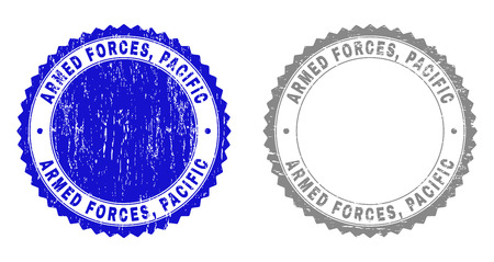 Grunge ARMED FORCES, PACIFIC stamp seals isolated on a white background. Rosette seals with grunge texture in blue and grey colors. Vector rubber overlay of ARMED FORCES,のイラスト素材