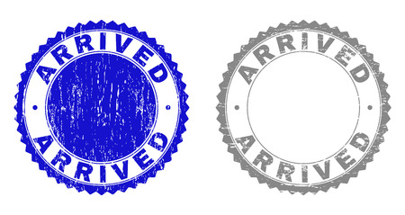 Grunge ARRIVED stamp seals isolated on a white background. Rosette seals with grunge texture in blue and grey colors. Vector rubber imitation of ARRIVED text inside round rosette.のイラスト素材