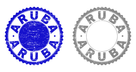 Grunge ARUBA stamp seals isolated on a white background. Rosette seals with grunge texture in blue and grey colors. Vector rubber imprint of ARUBA caption inside round rosette.のイラスト素材