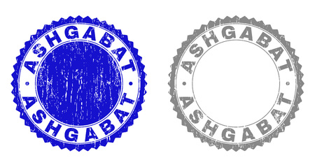 Grunge ASHGABAT stamp seals isolated on a white background. Rosette seals with grunge texture in blue and grey colors. Vector rubber imprint of ASHGABAT label inside round rosette.のイラスト素材