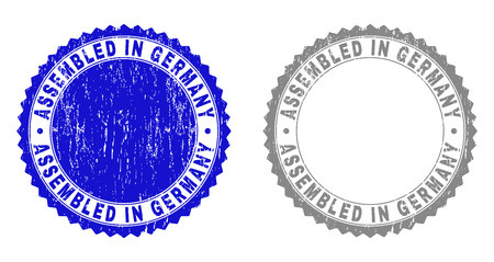 Grunge ASSEMBLED IN GERMANY stamp seals isolated on a white background. Rosette seals with grunge texture in blue and grey colors.のイラスト素材