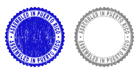 Grunge ASSEMBLED IN PUERTO RICO stamp seals isolated on a white background. Rosette seals with grunge texture in blue and grey colors.のイラスト素材