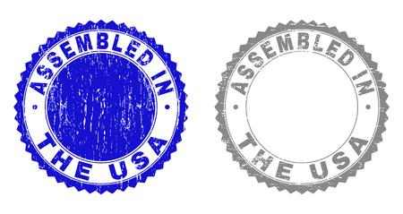 Grunge ASSEMBLED IN THE USA stamp seals isolated on a white background. Rosette seals with grunge texture in blue and grey colors.のイラスト素材