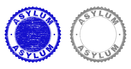 Grunge ASYLUM stamp seals isolated on a white background. Rosette seals with grunge texture in blue and gray colors. Vector rubber watermark of ASYLUM caption inside round rosette.のイラスト素材