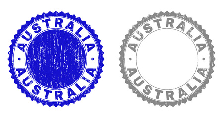 Grunge AUSTRALIA stamp seals isolated on a white background. Rosette seals with grunge texture in blue and grey colors. Vector rubber overlay of AUSTRALIA caption inside round rosette.のイラスト素材