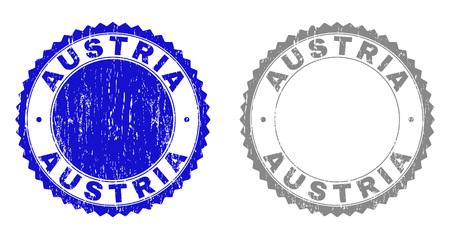 Grunge AUSTRIA stamp seals isolated on a white background. Rosette seals with grunge texture in blue and grey colors. Vector rubber overlay of AUSTRIA text inside round rosette.のイラスト素材