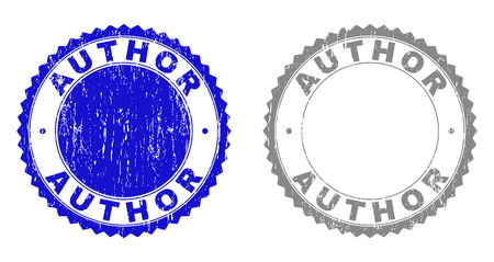 Grunge AUTHOR stamp seals isolated on a white background. Rosette seals with grunge texture in blue and grey colors. Vector rubber imprint of AUTHOR label inside round rosette.のイラスト素材