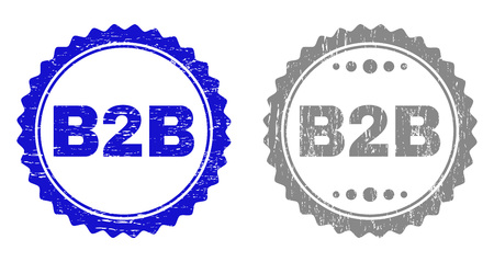 Grunge B2B stamp seals isolated on a white background. Rosette seals with distress texture in blue and grey colors. Vector rubber overlay of B2B tag inside round rosette.のイラスト素材