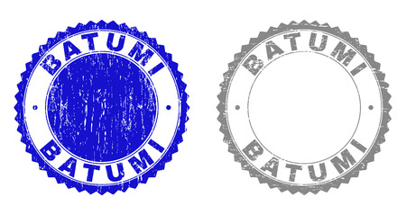 Grunge BATUMI stamp seals isolated on a white background. Rosette seals with grunge texture in blue and gray colors. Vector rubber imprint of BATUMI tag inside round rosette.のイラスト素材