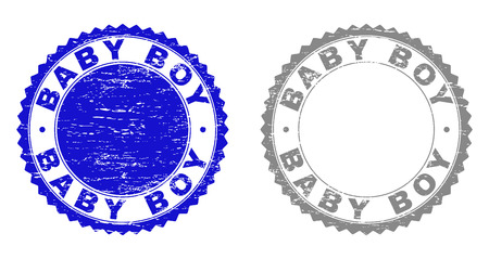 Grunge BABY BOY stamp seals isolated on a white background. Rosette seals with distress texture in blue and grey colors. Vector rubber imprint of BABY BOY label inside round rosette.のイラスト素材