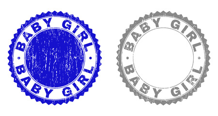 Grunge BABY GIRL stamp seals isolated on a white background. Rosette seals with grunge texture in blue and grey colors. Vector rubber overlay of BABY GIRL label inside round rosette.のイラスト素材