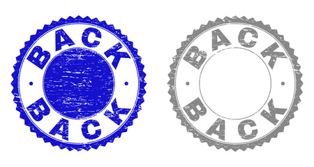 Grunge BACK stamp seals isolated on a white background. Rosette seals with grunge texture in blue and gray colors. Vector rubber watermark of BACK caption inside round rosette.のイラスト素材