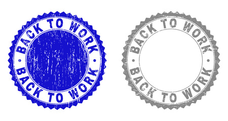 Grunge BACK TO WORK stamp seals isolated on a white background. Rosette seals with distress texture in blue and grey colors. Vector rubber imitation of BACK TO WORK tag inside round rosette.のイラスト素材