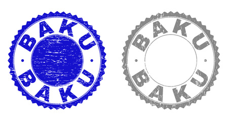 Grunge BAKU stamp seals isolated on a white background. Rosette seals with grunge texture in blue and gray colors. Vector rubber watermark of BAKU tag inside round rosette.のイラスト素材