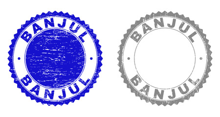 Grunge BANJUL stamp seals isolated on a white background. Rosette seals with grunge texture in blue and grey colors. Vector rubber watermark of BANJUL caption inside round rosette.のイラスト素材