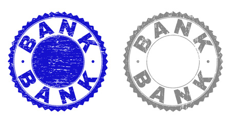Grunge BANK stamp seals isolated on a white background. Rosette seals with grunge texture in blue and grey colors. Vector rubber watermark of BANK caption inside round rosette.のイラスト素材