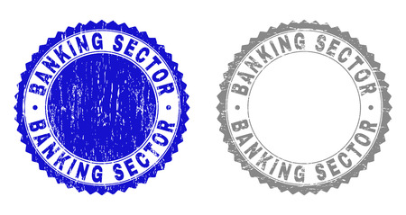 Grunge BANKING SECTOR stamp seals isolated on a white background. Rosette seals with distress texture in blue and gray colors. Vector rubber imitation of BANKING SECTOR text inside round rosette.のイラスト素材