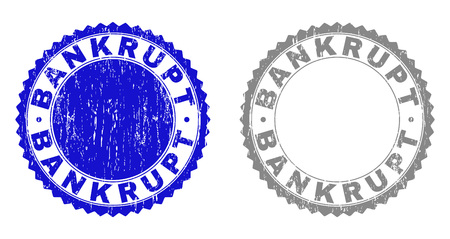 Grunge BANKRUPT stamp seals isolated on a white background. Rosette seals with grunge texture in blue and gray colors. Vector rubber watermark of BANKRUPT title inside round rosette.のイラスト素材