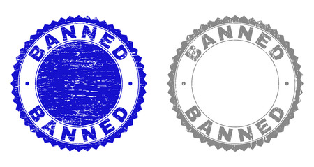 Grunge BANNED stamp seals isolated on a white background. Rosette seals with grunge texture in blue and grey colors. Vector rubber overlay of BANNED text inside round rosette.のイラスト素材