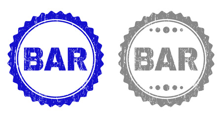 Grunge BAR stamp seals isolated on a white background. Rosette seals with grunge texture in blue and grey colors. Vector rubber watermark of BAR label inside round rosette.のイラスト素材