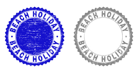 Grunge BEACH HOLIDAY stamp seals isolated on a white background. Rosette seals with grunge texture in blue and grey colors. Vector rubber imitation of BEACH HOLIDAY caption inside round rosette.のイラスト素材
